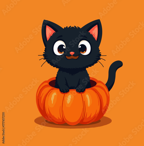 Adorable black kitten sitting in a pumpkin on an orange background, playful and cheerful design