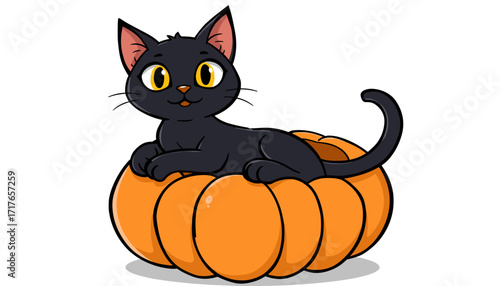 Cute black cat lounging on a pumpkin, playful and friendly illustration, autumn theme
