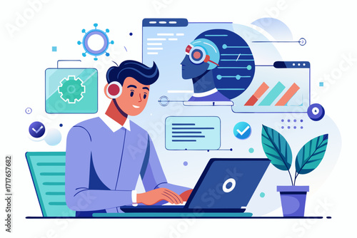 Modern digital workspace showing artificial intelligence technology with holographic data analytics and virtual dashboards. A professional working on a laptop surrounded by futuristic AI visualization