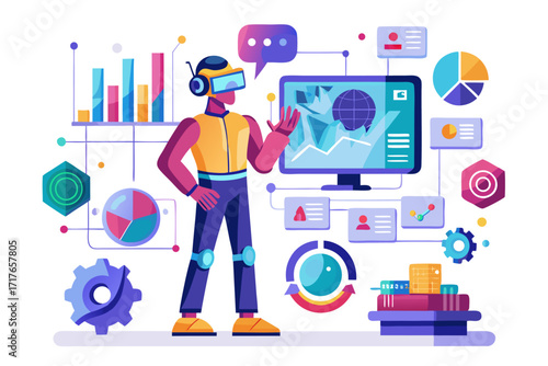 Modern digital workspace showing artificial intelligence technology with holographic data analytics and virtual dashboards. A professional working on a laptop surrounded by futuristic AI visualization