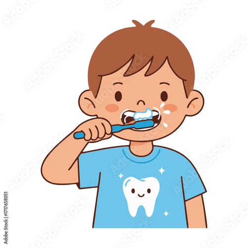 vector illustration of a boy brushing his teeth. isolated on a white background