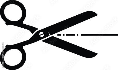 Black silhouette of open scissors with a dashed cutting line, symbolizing a cut or trim action.