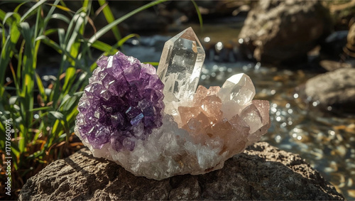Create an image of a cluster of crystals comprising a vibrant amethyst, a soft rose quartz, and a transparent clear quartz, situated in a natural outdoor setting, 