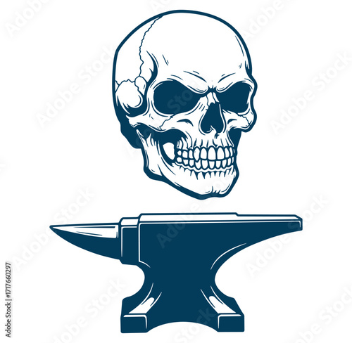 Artistic illustration of a skull above a metal anvil with intricate detailed craftsmanship