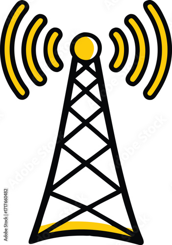 Modern communication tower broadcasting radio waves over a landscape