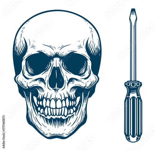 Detailed skull illustration with a screwdriver design representing repair or maintenance concept