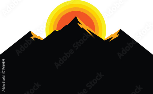 Sunrise over a mountain range silhouette, with a stylized sun.