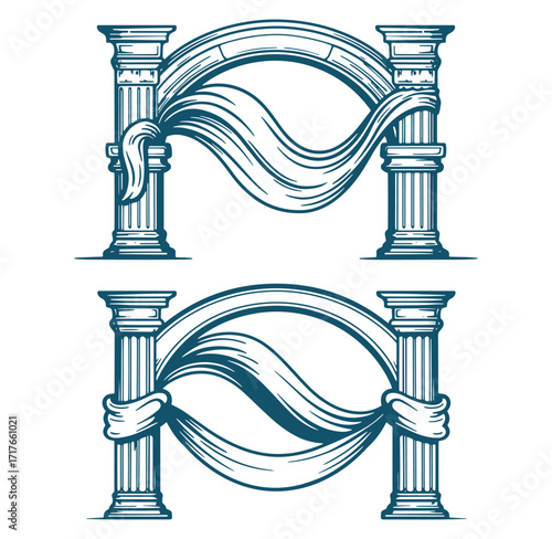 Elegant architectural design incorporating draped fabric and classical roman columns in detailed illustration