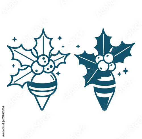 Festive holly berry christmas ornament designs in a modern flat line art style