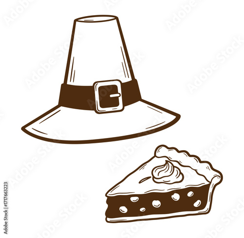 Thanksgiving illustration featuring a pilgrim hat and a delicious slice of pumpkin pie