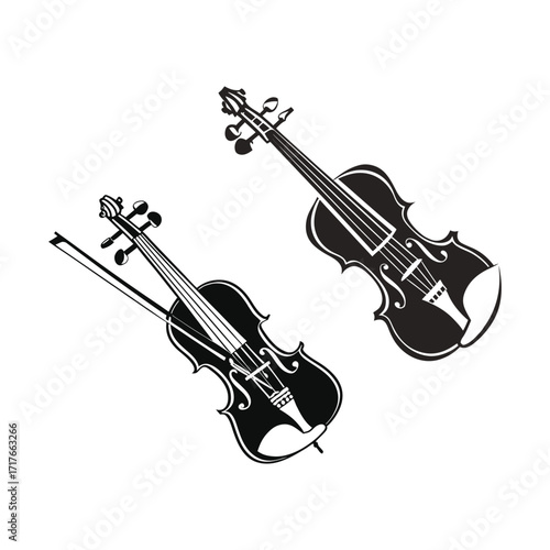 Violin Silhouette Set – Classical Music Instrument Vector Illustration with Bow