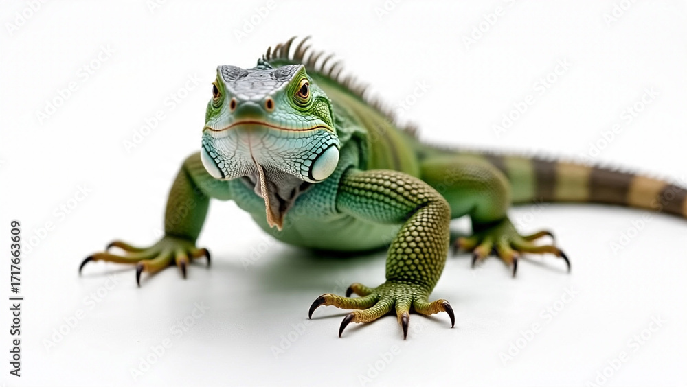 Obraz premium Iguana lizard resting on a white background, showcasing its textured skin and vibrant green coloration
