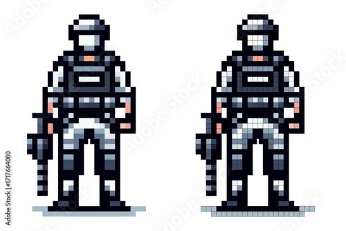 A pixel art character stands in tactical gear, holding a futuristic weapon. The digital figure displays a unique design, embodying the essence of retro gaming graphics