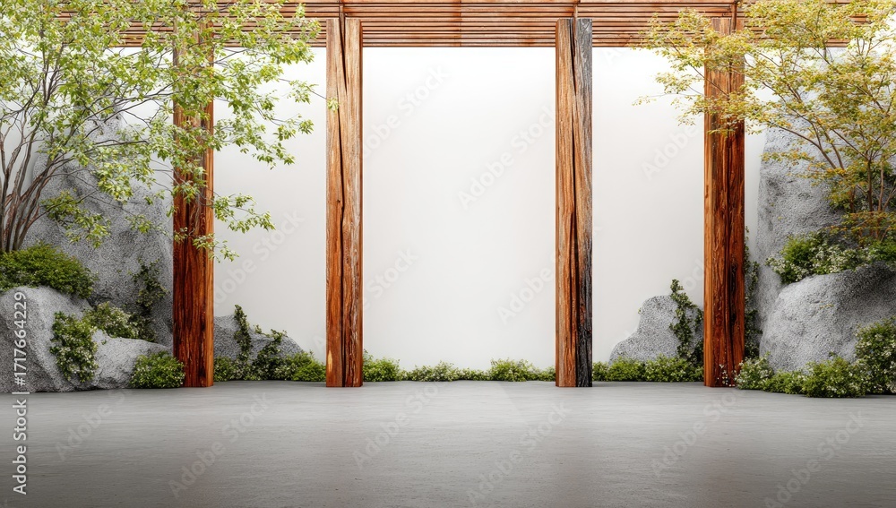 Fototapeta premium Tranquil outdoor space with wooden pillars, rocks, and greenery, showcasing a serene and minimalist design.