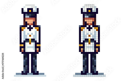 A female officer dressed in a formal white uniform with navy blue details and gold accents stands upright. The artwork is in pixel art style, showcasing a classic military look