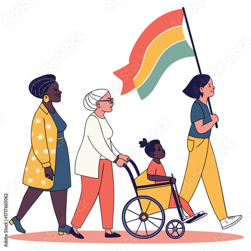 Diverse Paths, Shared Journey: A vibrant illustration depicts a group of individuals from various walks of life, united in their march of shared cause, embracing diversity and empowerment. 