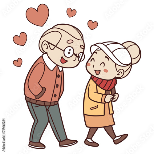 Enduring Love and Affection: A charming illustration showcases an elderly couple, radiating warmth, affection, and the timeless nature of love with hearts.