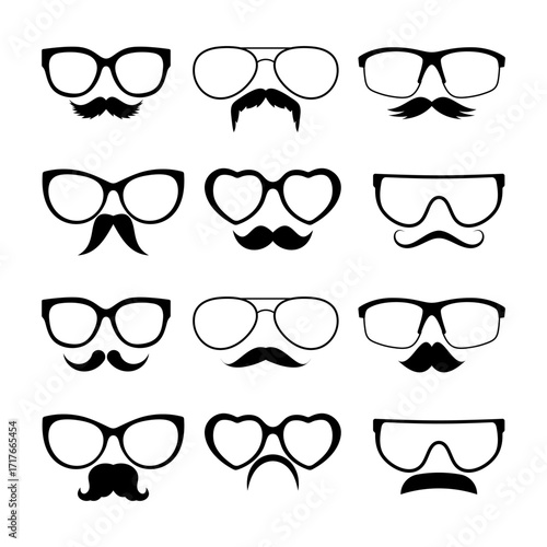 Set of Glasses and Mustache Silhouettes. Vector Illustration. A collection of black silhouette icons of eyeglasses paired with different styles of mustaches.