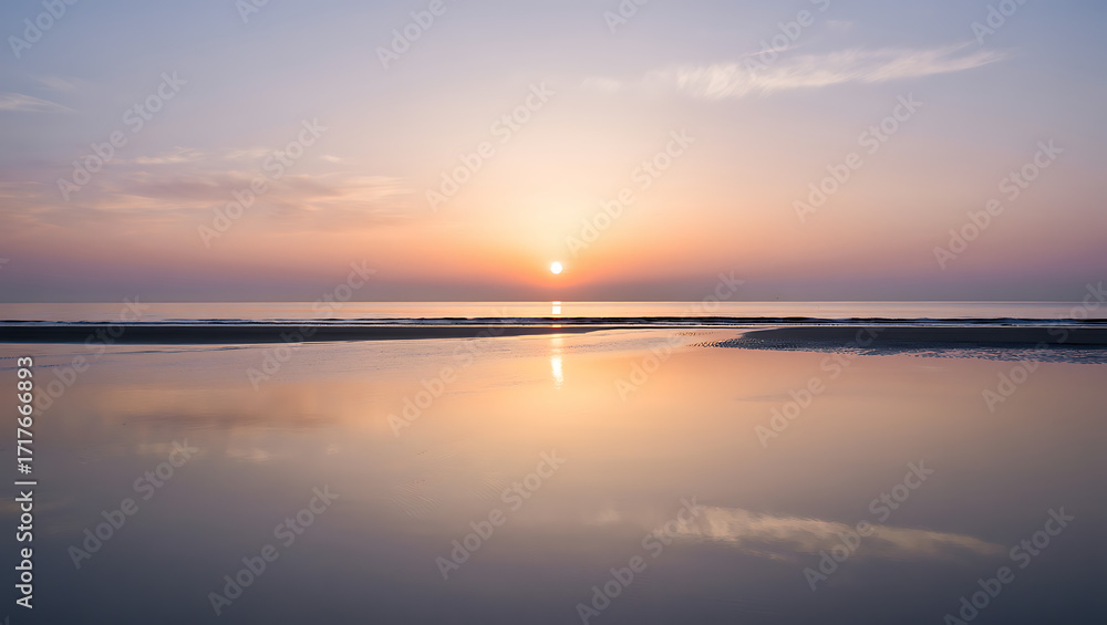 Obraz premium The sun sets over the ocean, casting a warm glow and reflecting on the calm water