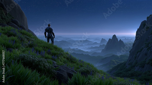 Cinematic digital artwork showing astronaut-like man on surreal extraterrestrial world, surrounded by radiant moss, luminous plants, and dramatic cosmic background symbolizing exploration, science fic