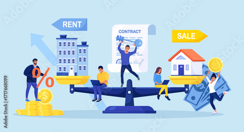 House and apartment on scales. People choosing between rent and sell property. Sale or rent apartment, buying house. Mortgage loan, real estate investment. Choice between selling and tenancy home