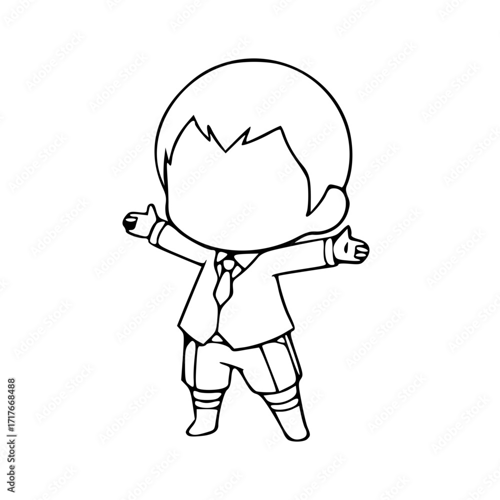 Fototapeta premium Simple black and white illustration of a small, smiling person with arms outstretched.