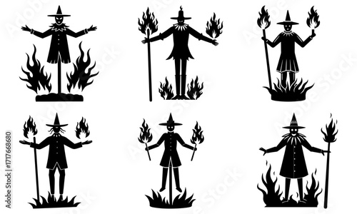 Silhouetted figures in hats surrounded by flames and holding torches
