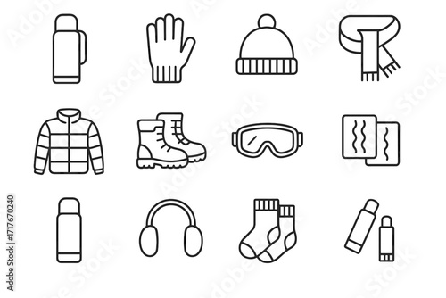Snow warmers ski travel beanie icon chapstick thermal vector essentials winter scarf