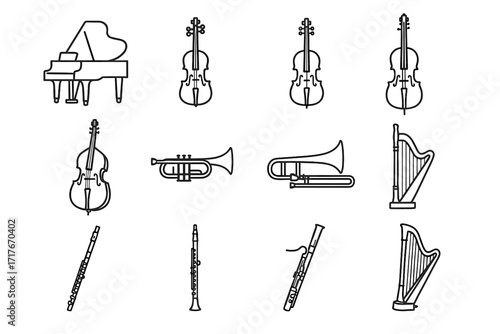 Orchestra piano harp icon set grand oboe vector violin trumpet icons flute