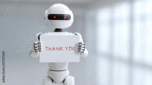 Robot holding thank you card and sign with red text modern bright room expressing gratitude and appreciation warmly with humanoid