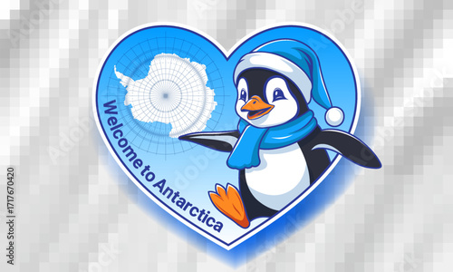 Vector heart sticker, badge. Cartoon cheerful, smiling, jumping, cute little penguin in blue hat and scarf. Map of icy continent. Welcome to Antarctica