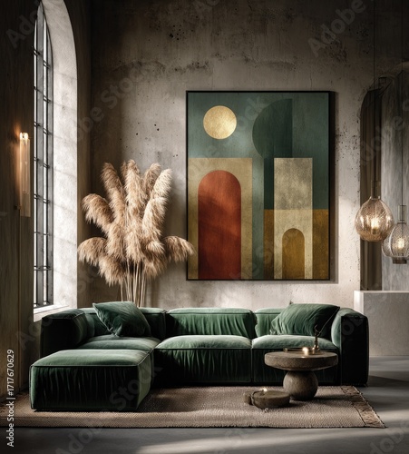 A modern living room with a sectional sofa, a statement piece abstract painting, and warm neutral tones.