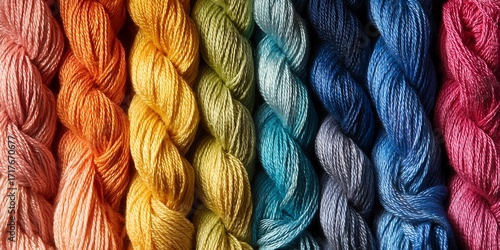 Macro shot showcasing rows of colorful twisted embroidery floss with varying hues. Concept for textile design, handicraft projects and art supplies presentations