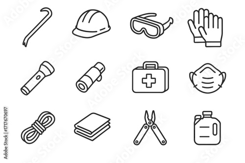 Water icon flashlight vector earthquake first goggles mask hat multitool emer aid