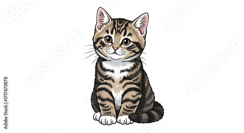 Adorable tabby kitten sitting patiently with big innocent eyes, perfect for playful designs and heartwarming themes.