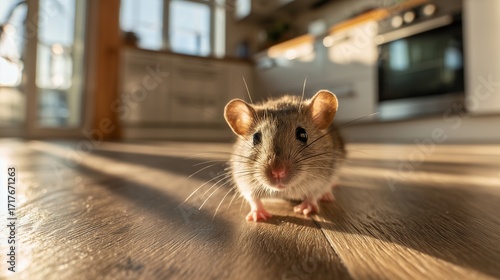 A curious brown house mouse stands on a wooden floor, kitchen in the background. Concept for pest control service, household hygiene and rodent infestation awareness