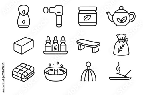 Vector massage scalp icon rack meditation jar tea wellness home icons herbal