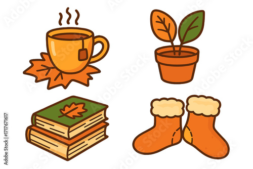 Cozy autumn hygge icons. Vector cartoon illustration set for fall relaxation at home. Hot tea mug, reading books, warm socks, houseplant. Home comfort lifestyle concept.