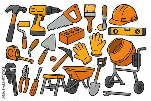 Vector set of construction tools for building and home repair projects. Cartoon illustration of equipment like hammer, drill, saw, and concrete mixer for DIY or industrial work.