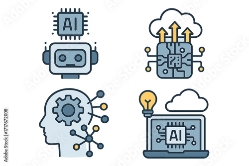Artificial intelligence icon set. Technology concepts including machine learning, cloud computing, robotics, and data processing. Vector graphics of AI brain, robot, and future tech.