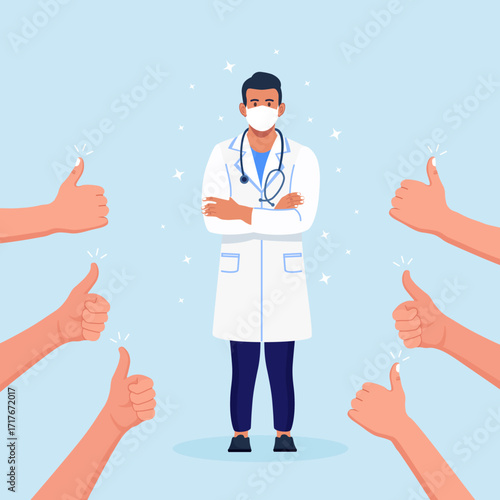 People with thumbs up hands for doctors. Thank you doctor, nurses and medical personnel team for fighting the coronavirus. Fight against covid-19 viruses. Gratitude to hero