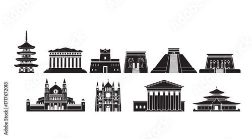 Collection of famous architectural landmarks and buildings silhouette