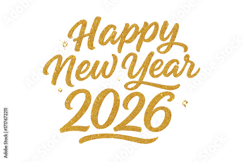 Happy New Year 2026 greeting. Gold glitter typography design. Festive calligraphic lettering with sparkles. Vector illustration for holiday celebration, card or invitation.