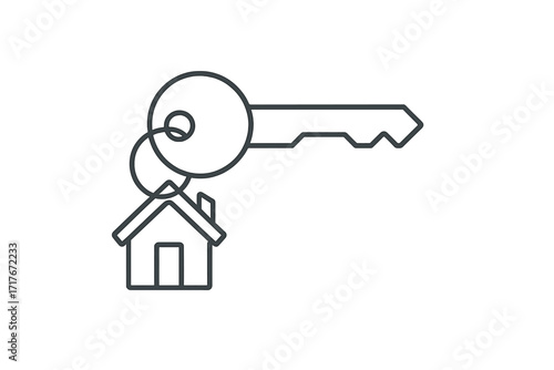 House key with home shape keychain. Real estate vector line icon. Concept for buying property, mortgage, new apartment. Symbol of ownership, residential access and safety.
