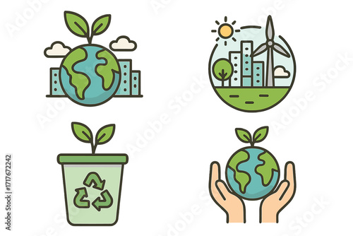 Set of sustainability icons for environmental awareness. Green city, renewable energy, recycling, and planet care. Vector concept for ecology, conservation, and urban sustainability.