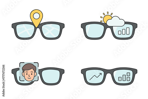Smart glasses vector icon set with augmented reality features. AR concepts like GPS navigation, weather, facial recognition, and data analytics. Wearable technology illustration.