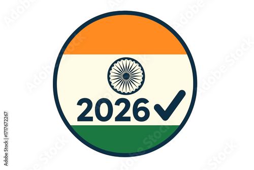 Vote India 2026 election vector icon. Indian flag badge with checkmark symbol for democracy. Political campaign sticker for national electoral process. Patriotic round logo.