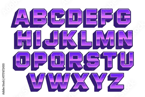 Retro 3D alphabet with 80s synthwave style. Vector neon font in glossy purple and violet colors. Metallic typeface for videogame titles, retrowave posters, and music design.