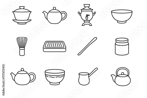 Tray icons clay vector ceremony brewing gaiwan tea samovar scoop matcha icon