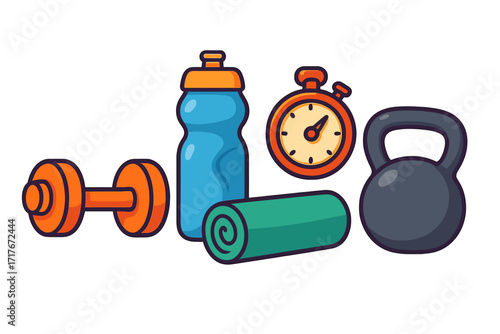 Fitness and gym workout equipment set. Vector cartoon icons. Dumbbell, kettlebell, water bottle, stopwatch, and yoga mat for sport, exercise, training and healthy lifestyle.